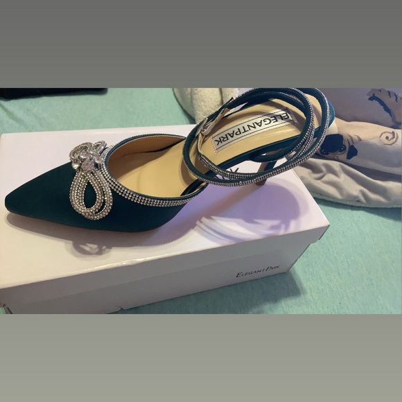 Green Women's Heels with Rhinestone Bow - Picture 4 of 5